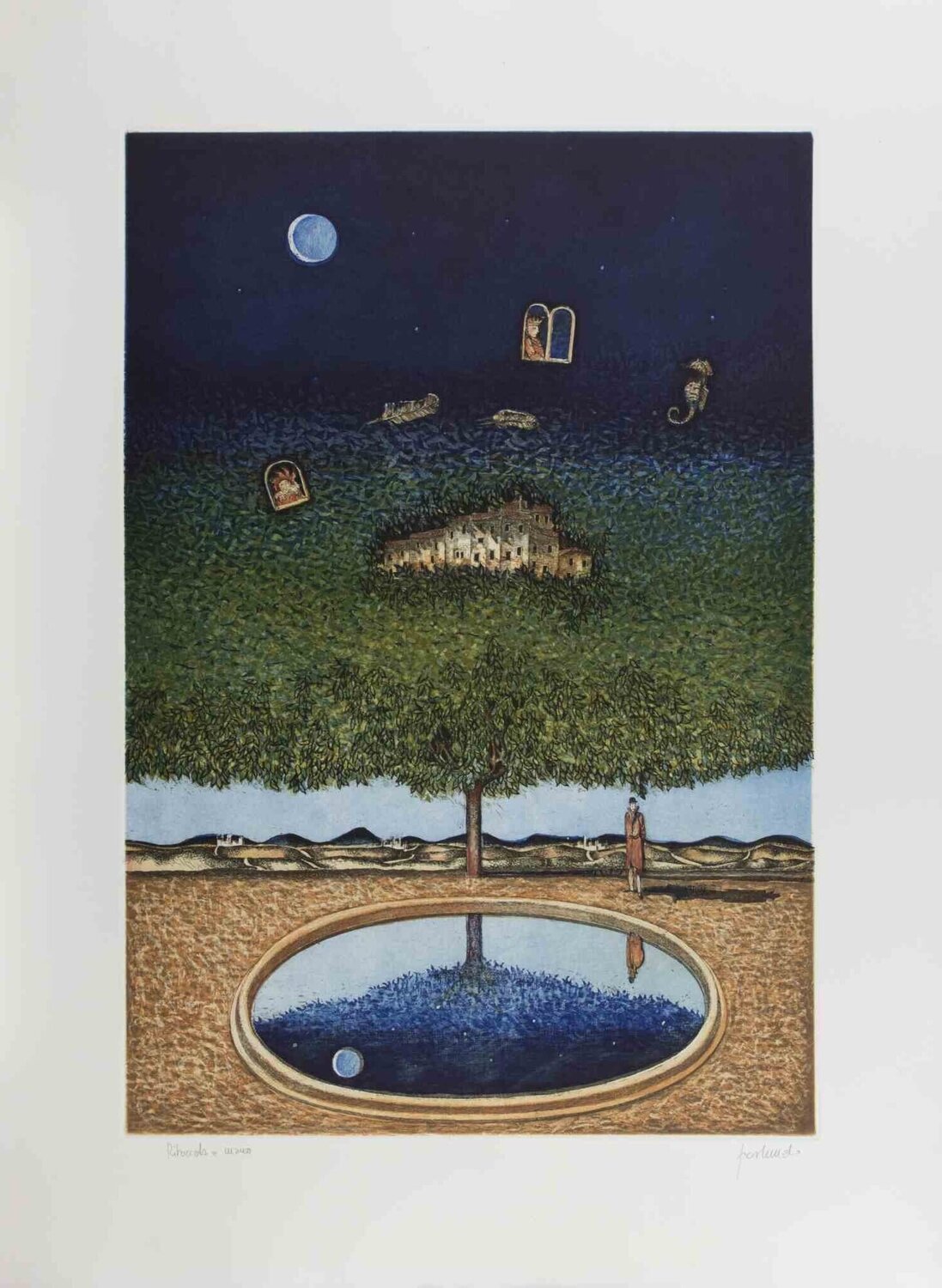 Dreamlike Landscape with Tree, Moon and Reflections Franco Fortunato Druck zu verkaufen