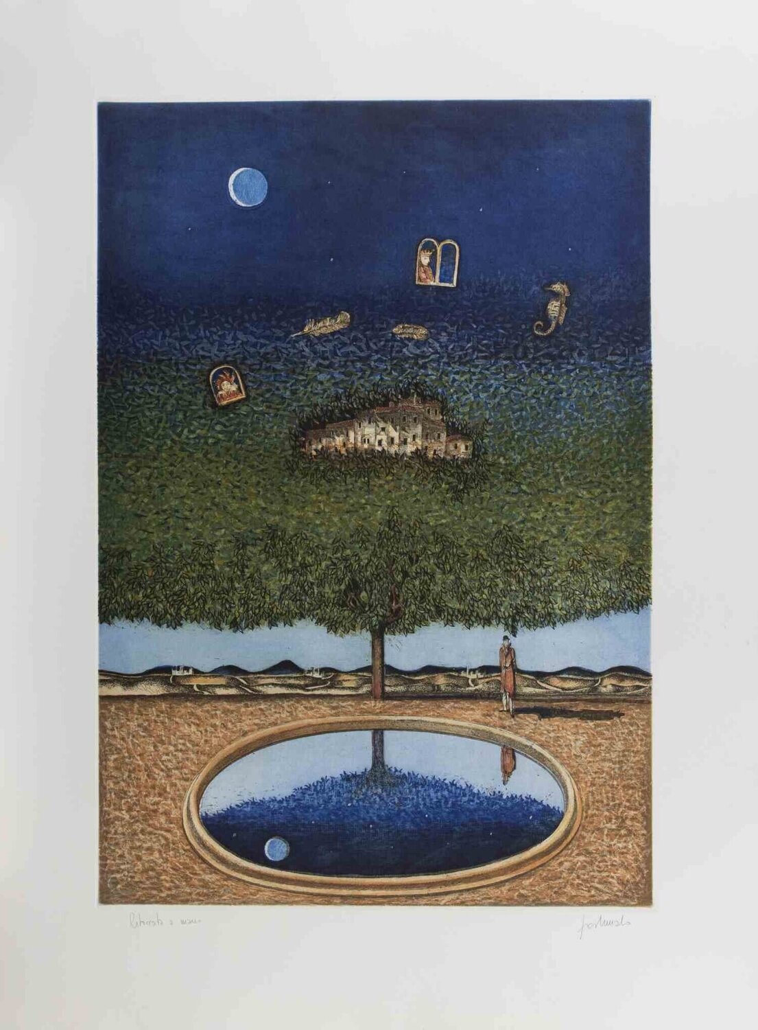 Dreamlike Landscape with Tree, Moon and Reflections Franco Fortunato Druck zu verkaufen