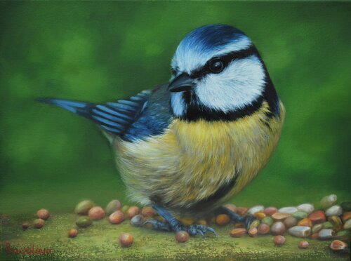 Titmouse and grains van Iryna Buivolova, Schilderij te koop op Singulart
