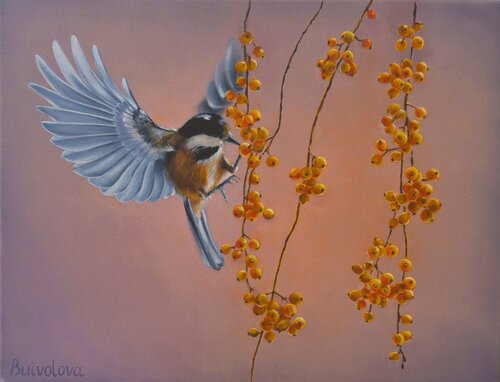 Bird and Autumn Berries de Iryna Buivolova, Pintura a la venta en Singulart