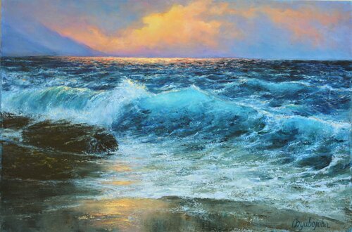 "Turquoise wave" seascape painting de Iryna Buivolova, Pintura a la venta en Singulart