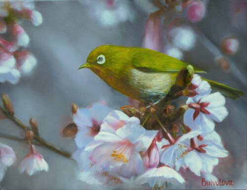 Bird in the spring garden di Iryna Buivolova, Pittura in vendita su Singulart