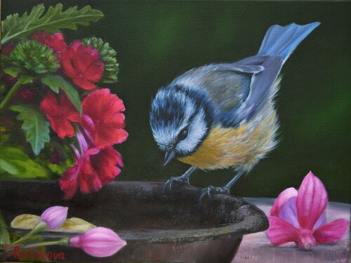 Titmouse in the garden de Iryna Buivolova, Pintura a la venta en Singulart