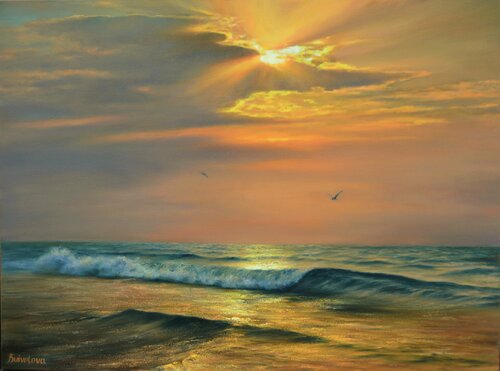 Hot summer's sunset on the sea de Iryna Buivolova, Pintura a la venta en Singulart
