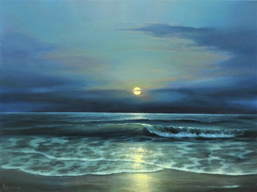 Moonlight night seascape van Iryna Buivolova, Schilderij te koop op Singulart