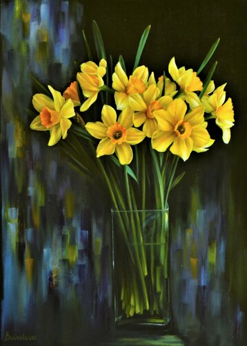 Yellow daffodils in a vase  still life van Iryna Buivolova, Schilderij te koop op Singulart