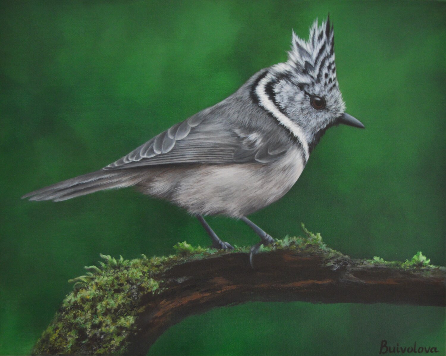 Bird sitting on a mossy snag in the forest Iryna Buivolova Originalgemälde zu verkaufen