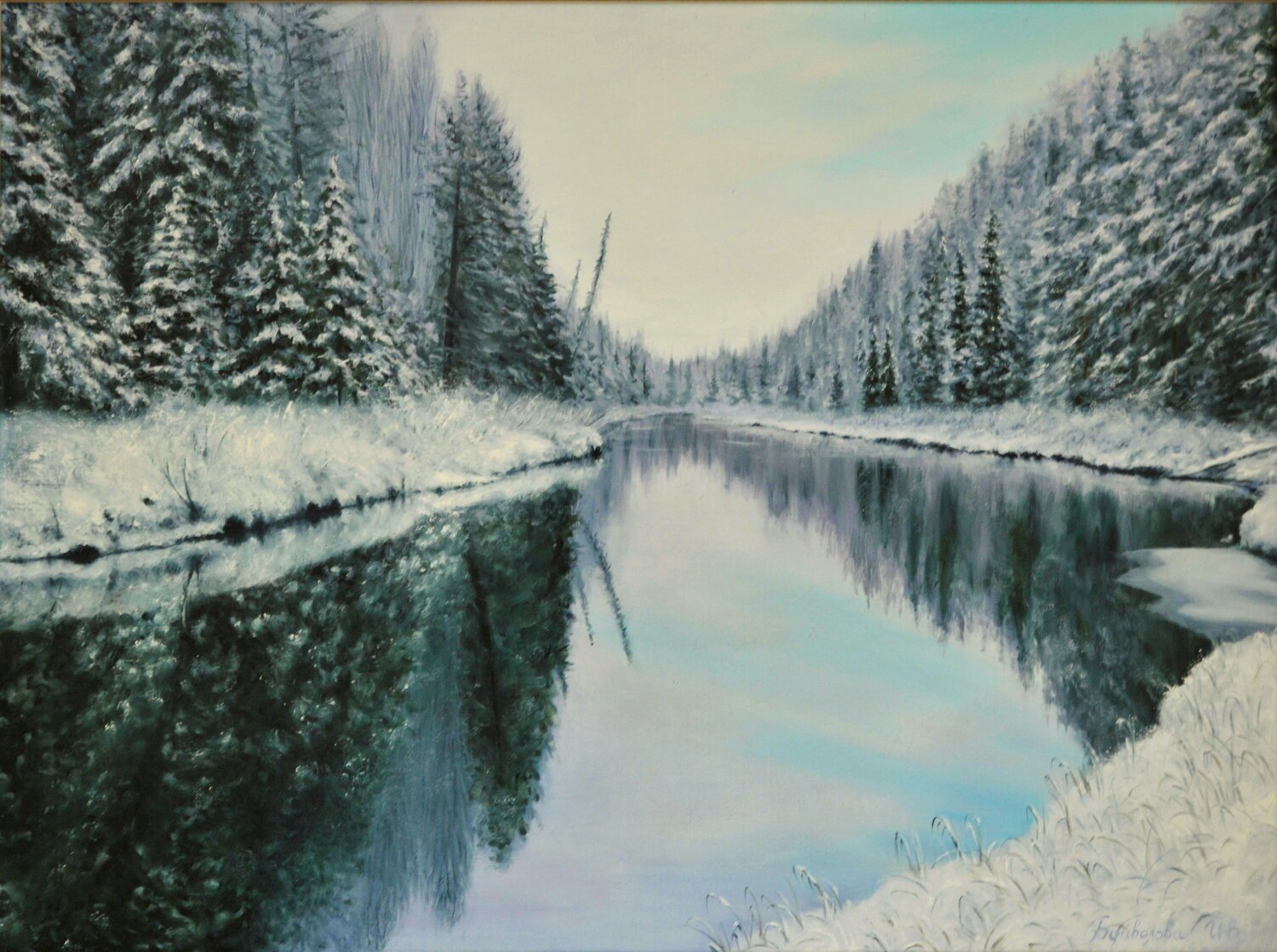 Sky in the river landscape painting Iryna Buivolova Originalgemälde zu verkaufen