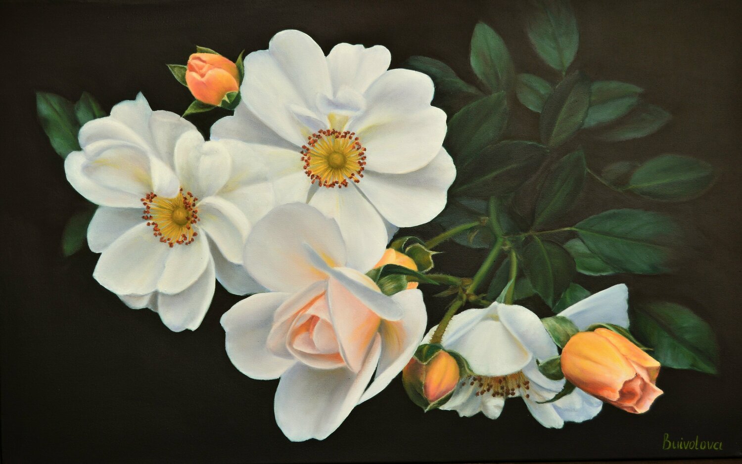 Branch of cream rose Iryna Buivolova Originalgemälde zu verkaufen