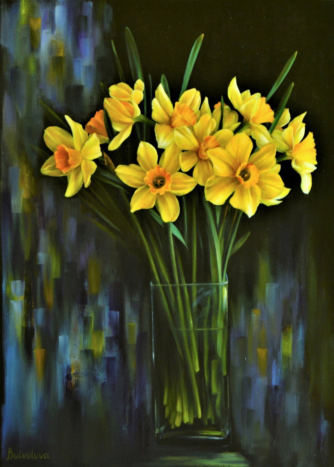 Yellow daffodils in a vase  still life Iryna Buivolova Dipinto originale in vendita