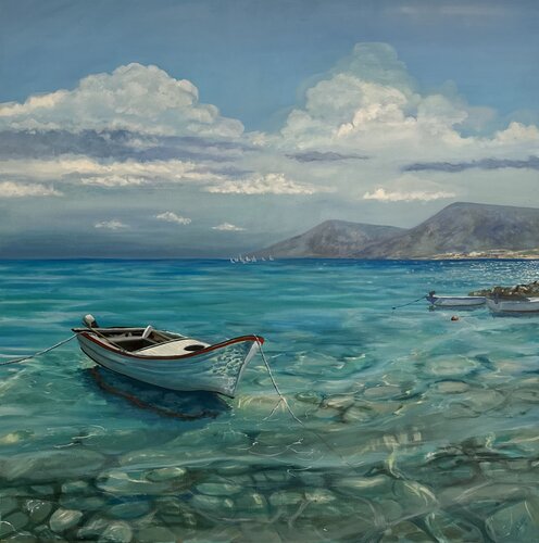 Sunny Coastal Landscape with Boat by Aisylu Burangulova, 油畫 for Sale on Singulart