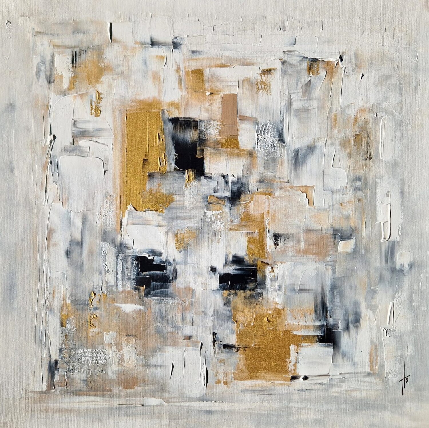 TABLEAU ABSTRAIT BLANC ET OR STRUCTURE LIBRE Sandrine Hartmann