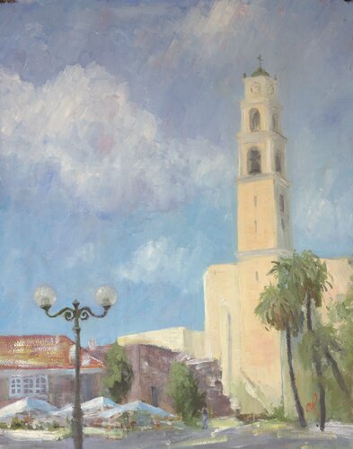 View to St. Peters Church in Yaffo von Oleg Kamaev, Malerei kaufen auf Singulart