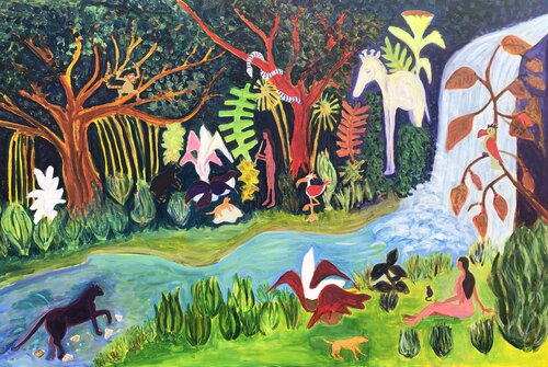 Indian jungle, nymph and friends von Michel TESTARD, Malerei kaufen auf Singulart