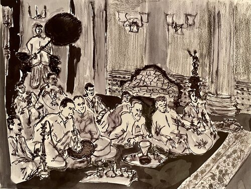 Music room, the landlord and his guests van Michel TESTARD, Tekening te koop op Singulart