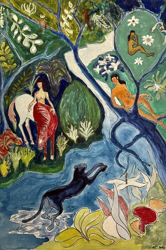 Jungle, Bagheera and the nymphs von Michel TESTARD, Malerei kaufen auf Singulart