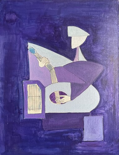 Sitarist in blue cubist form von Michel TESTARD, Malerei kaufen auf Singulart