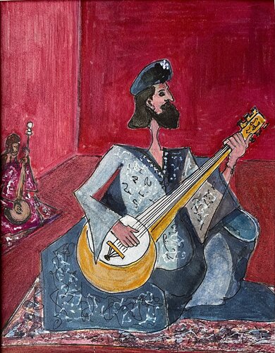 Sitarist in red raga mood van Michel TESTARD, Werk op papier te koop op Singulart