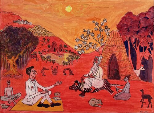 The philosopher and the guru, in red background von Michel TESTARD, Werk auf Papier kaufen auf Singulart