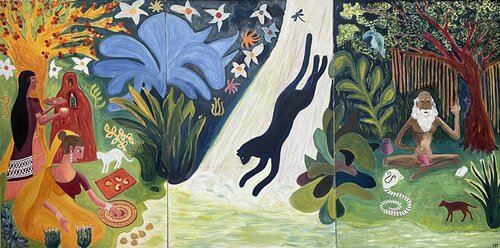 Ladies, Bagheera and a Sage Yogi de Michel TESTARD, Pintura a la venta en Singulart