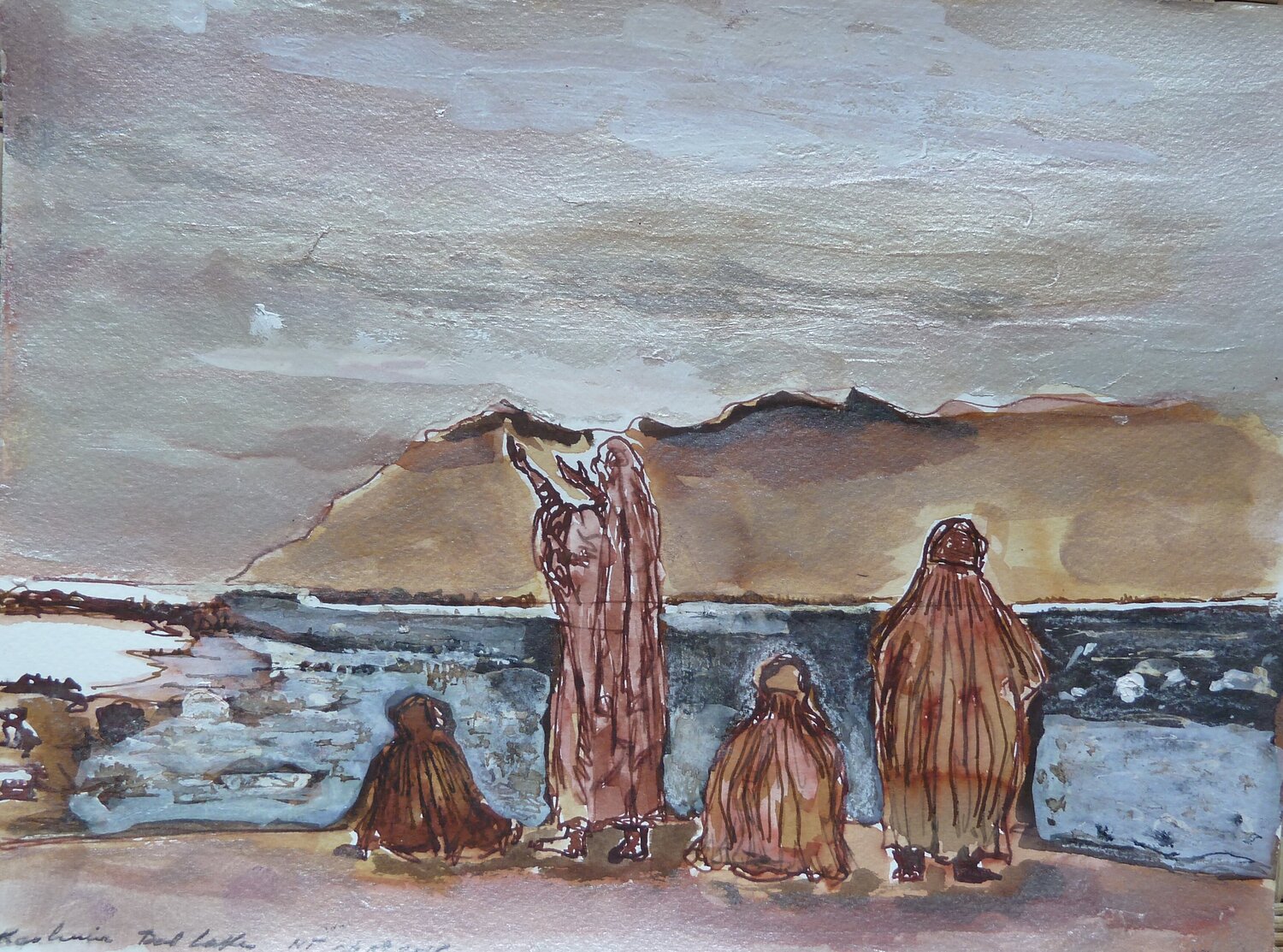 Dal lake, Kashmiri women praying at dawn Michel TESTARD Werk auf Papier zu verkaufen