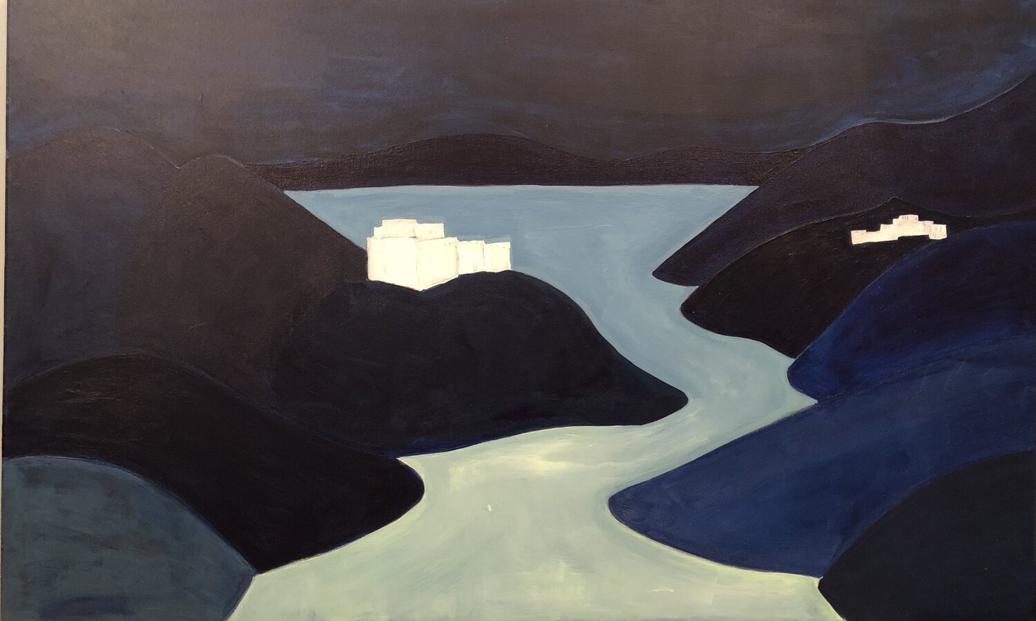 Ladakh Gompa over a mountain lake at night Michel TESTARD Originalgemälde zu verkaufen