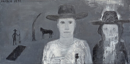 "Dead Cowboy" Contemporary Black and White Western Inspired Painting van Frisco Pete, Schilderij te koop op Singulart