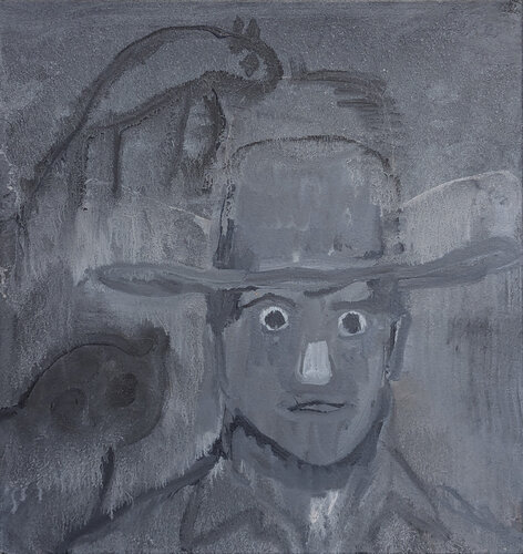 "Primitive Artist" Contemporary Black & White Western Cowboy Portrait Painting van Frisco Pete, Schilderij te koop op Singulart