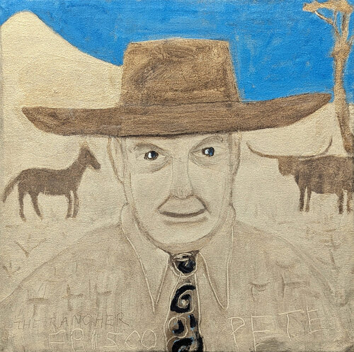 "The Rancher" Contemporary Blue & Grey Toned Western Cowboy Portrait Painting van Frisco Pete, Schilderij te koop op Singulart