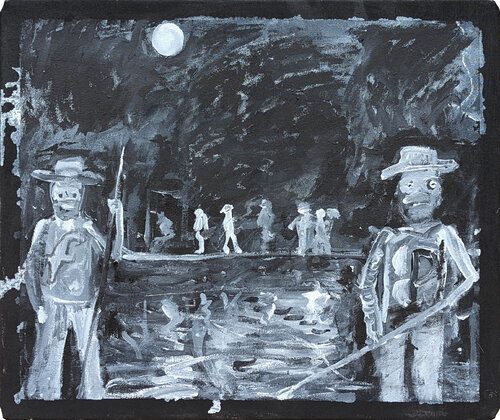 "Harbor Lights" Contemporary Black & Grey Toned Western Fishing Painting di Frisco Pete, Pittura in vendita su Singulart