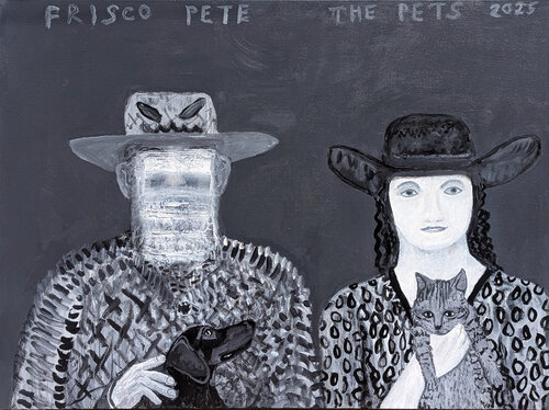 "The Pets" Contemporary Black & Grey Toned Western Cowboy Cat and Dog Painting van Frisco Pete, Schilderij te koop op Singulart