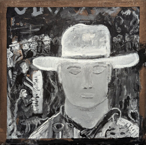 "The Music Lover" Contemporary Black & Grey Toned Western Cowboy Portrait van Frisco Pete, Schilderij te koop op Singulart