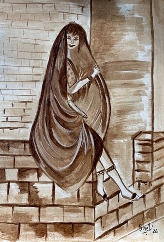 Ethereal Echoes of Forgotten Grace (Coffee media) van Shelina Khimji, Schilderij te koop op Singulart