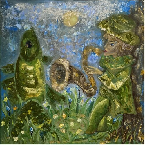 Mediator with saxophone di Krystyna Vinogorodska, Pittura in vendita su Singulart