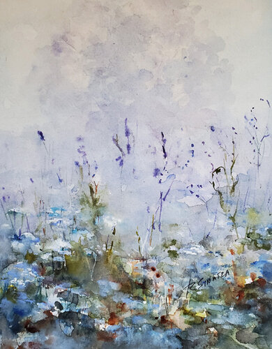 Field - Misty Flowers in Blue von Rose Sinatra, Malerei kaufen auf Singulart