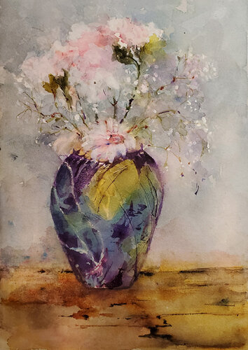 Green Vase - Gruber Daisy & Carnations by Rose Sinatra, Work on Paper for Sale on Singulart