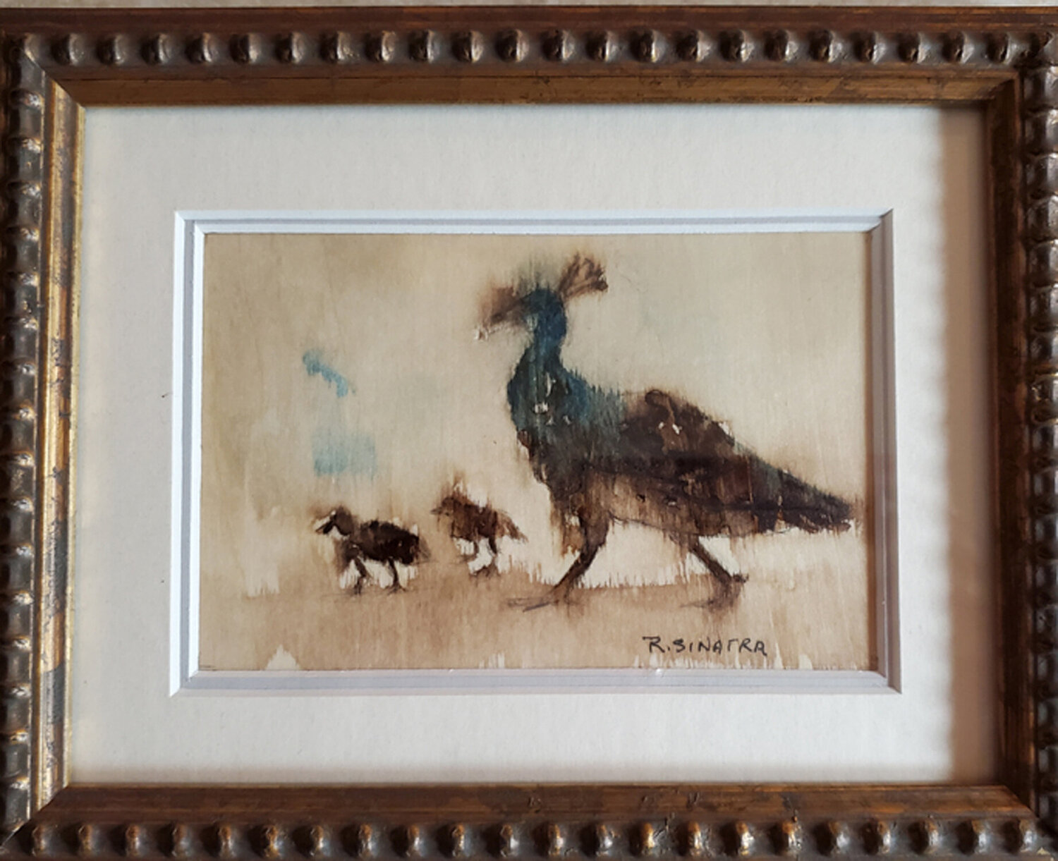 Peacock & Babies - ink on wood Rose Sinatra