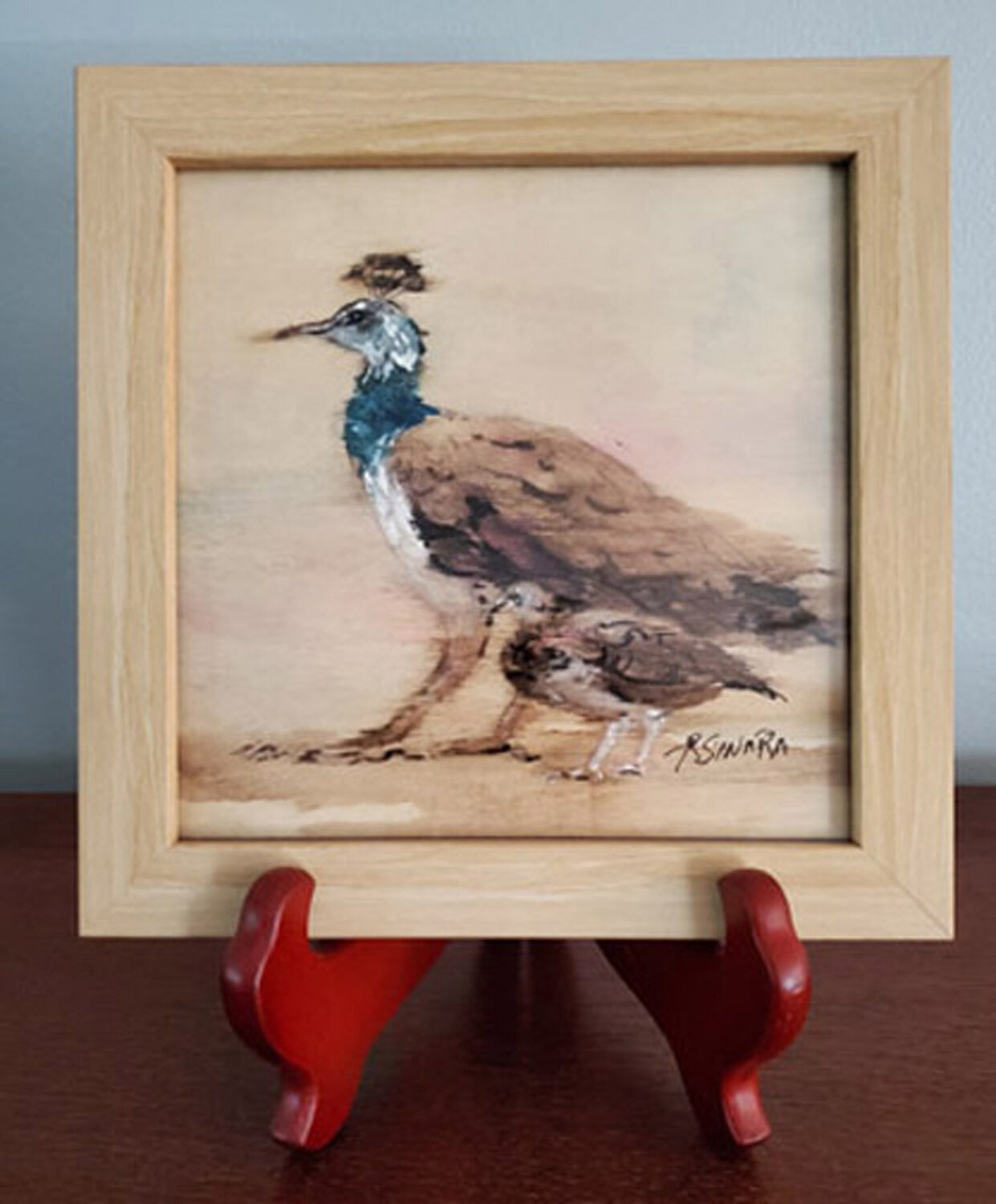 Peacock and Baby - ink on wood Rose Sinatra Werk auf Papier zu verkaufen
