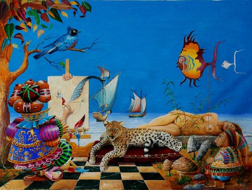LE PEINTRE ANIMALIER ET SON MODELE. by Michel MICHAUX, 회화 for Sale on Singulart