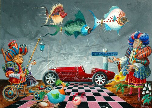 LA VISITE DU SALON DE L'AUTO. by Michel MICHAUX, Painting for Sale on Singulart