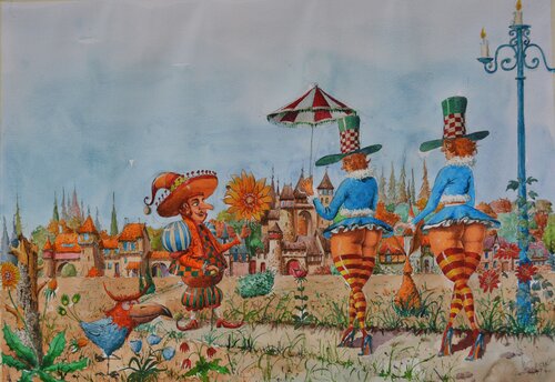 MISS NANA ET SA SOEUR RENTRENT AU VILLAGE. by Michel MICHAUX, 종이 for Sale on Singulart