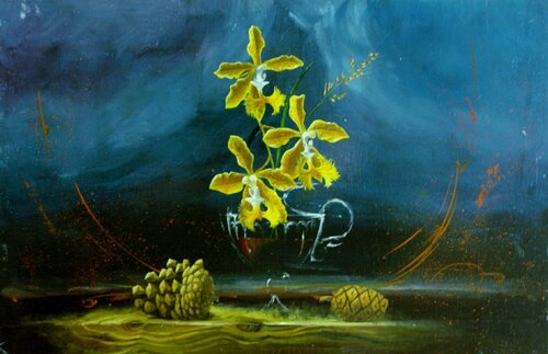 ORCHIDEES ET POMMES DE PIN. van Michel MICHAUX, Schilderij te koop op Singulart