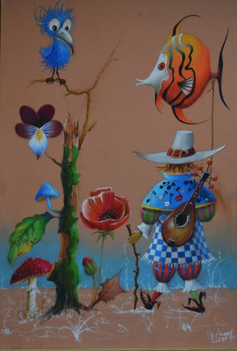 LE MANDOLINISTE PROMENE SON COMPAGNON. par Michel MICHAUX, Œuvre sur papier en vente sur Singulart