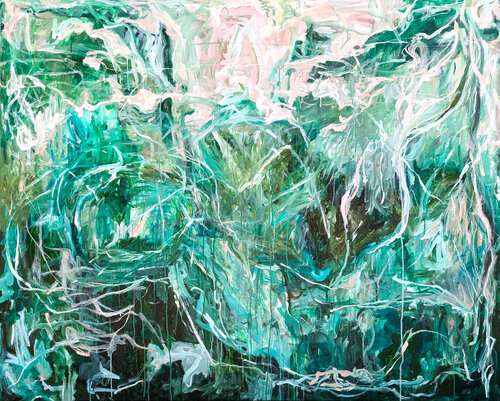 “Concave Surrender” Contemporary Green Gestural Abstract Expressionist Painting par Kristi Haines Herman, Peinture en vente sur Singulart