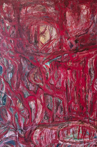 “Familial Pedestal” Contemporary Gestural Red Abstract Expressionist Painting by Kristi Haines Herman, Painting for Sale on Singulart