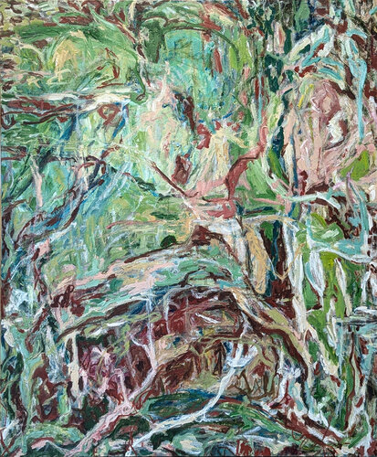 “That Against This, Why” Contemporary Gestural Green & Red Abstract Painting par Kristi Haines Herman, Peinture en vente sur Singulart