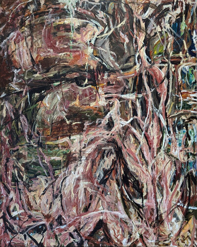 “Mourning Barricade” Contemporary Gestural Red, Blue, & Green Abstract Painting par Kristi Haines Herman, Peinture en vente sur Singulart