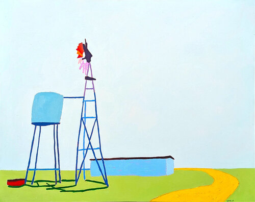 “American Rural, Windmill” Contemporary Colorful Pastoral Landscape Painting di Jacob Spacek, Pittura in vendita su Singulart