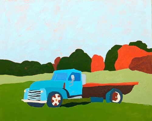 "American Rural, Mule" Contemporary Blue, Green & Red Country Landscape Painting par Jacob Spacek, Peinture en vente sur Singulart