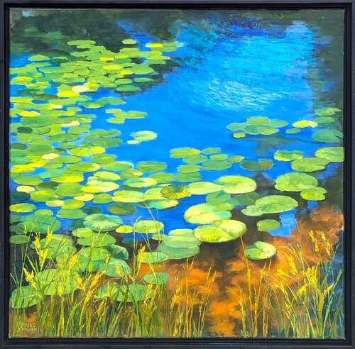 "Lily Pads" Contemporary Naturalistic Blue and Green Landscape Nature Painting van Nancy Paris Pruden, Schilderij te koop op Singulart